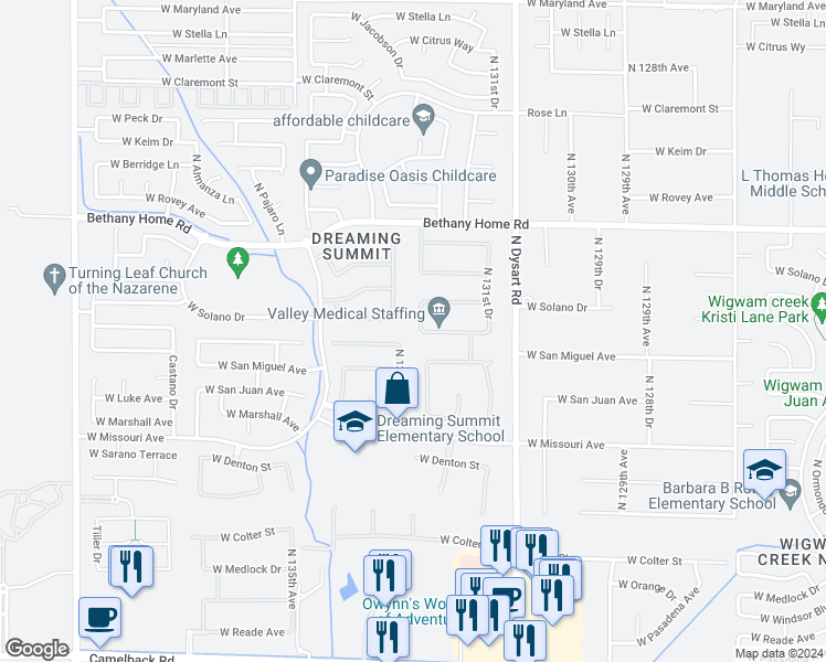 map of restaurants, bars, coffee shops, grocery stores, and more near 5722 North 132nd Drive in Litchfield Park
