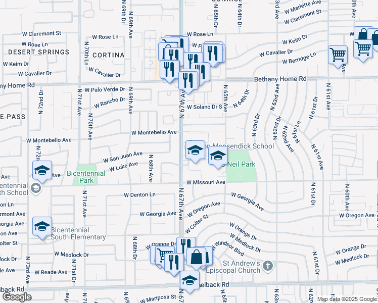 map of restaurants, bars, coffee shops, grocery stores, and more near 5535 North 67th Avenue in Glendale