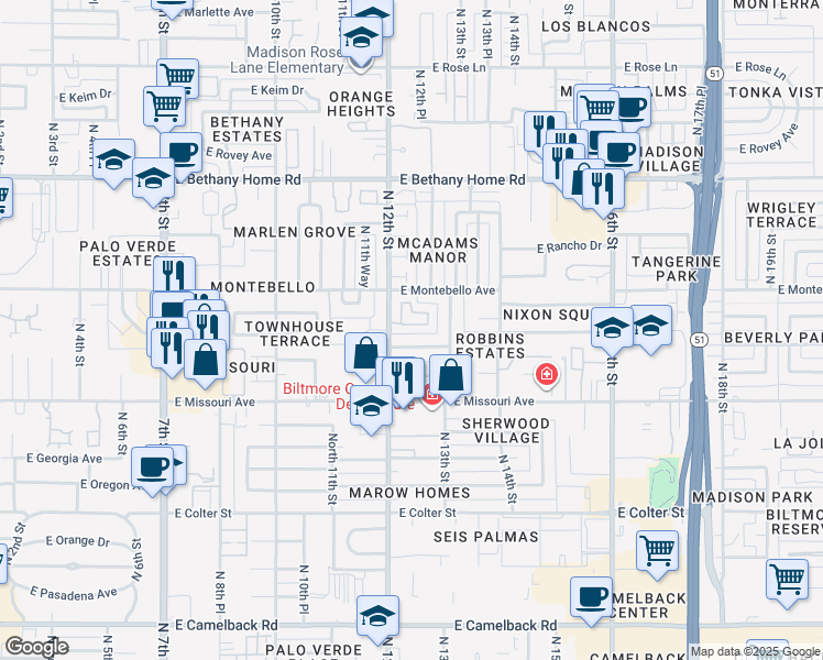 map of restaurants, bars, coffee shops, grocery stores, and more near 1229 East Palacio Drive in Phoenix