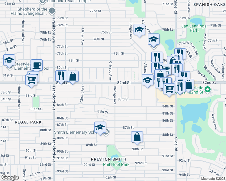 map of restaurants, bars, coffee shops, grocery stores, and more near 8205 Chicago Avenue in Lubbock