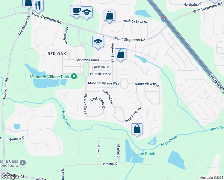 map of restaurants, bars, coffee shops, grocery stores, and more near 1103 Breakwater Trail in Stockbridge