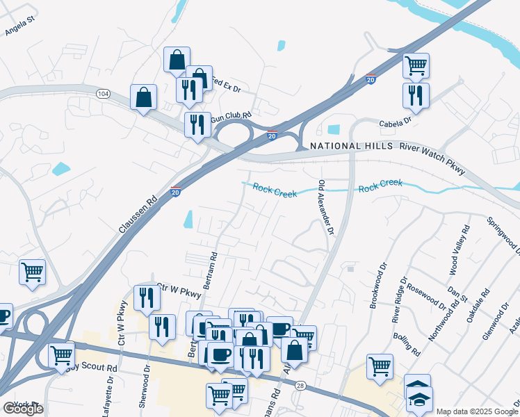 map of restaurants, bars, coffee shops, grocery stores, and more near 2101 Buckhaven Drive in Augusta