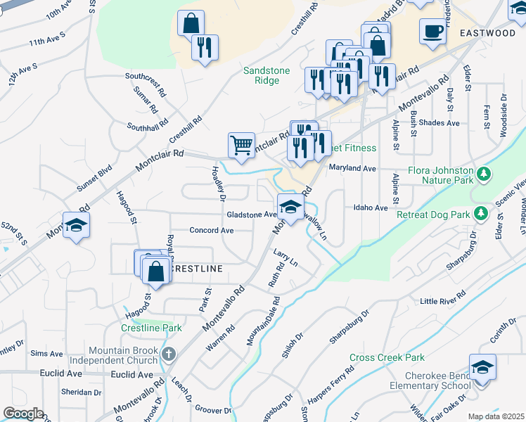 map of restaurants, bars, coffee shops, grocery stores, and more near 1272 Gladstone Avenue in Birmingham