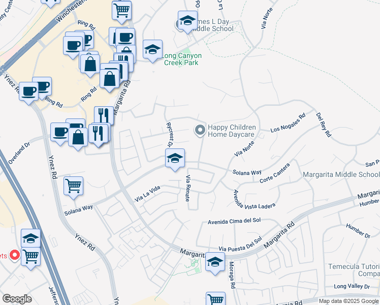 map of restaurants, bars, coffee shops, grocery stores, and more near 29816 Dawncrest Circle in Temecula