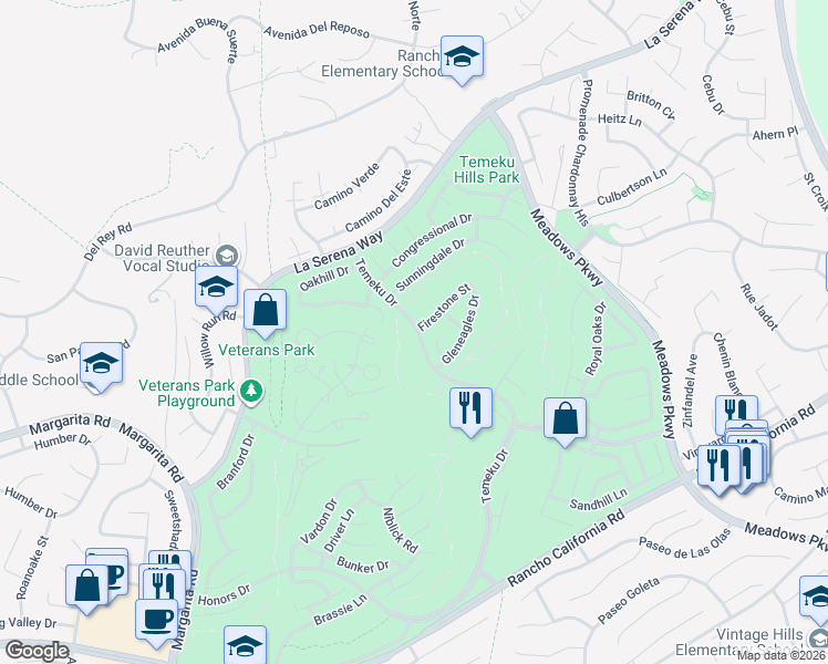map of restaurants, bars, coffee shops, grocery stores, and more near 41421 Temeku Drive in Temecula