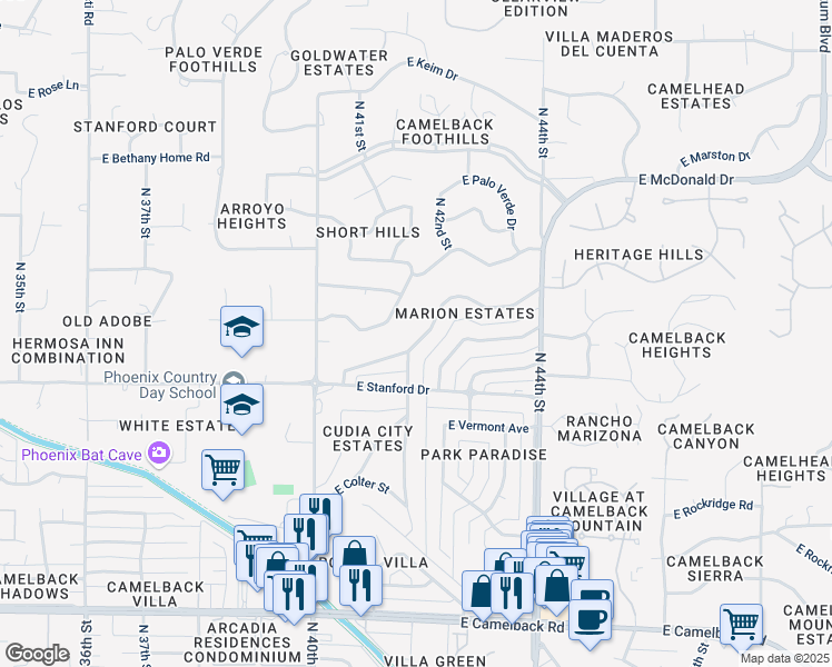 map of restaurants, bars, coffee shops, grocery stores, and more near 4140 East Saint Joseph Way in Phoenix