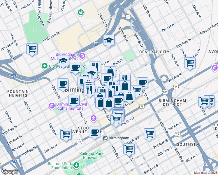 map of restaurants, bars, coffee shops, grocery stores, and more near 501 Richard Arrington Junior Boulevard North in Birmingham