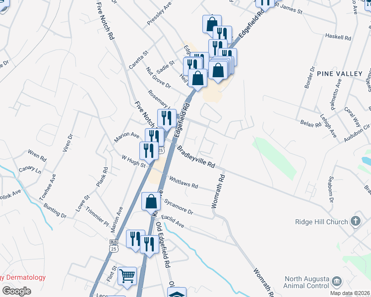 map of restaurants, bars, coffee shops, grocery stores, and more near 126 Conifer Drive in North Augusta