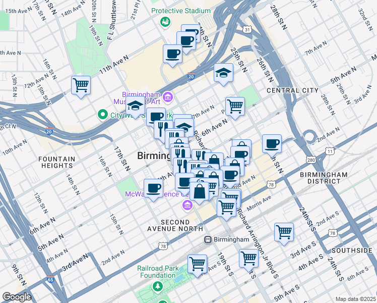 map of restaurants, bars, coffee shops, grocery stores, and more near 2021 6th Avenue North in Birmingham