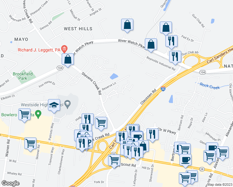 map of restaurants, bars, coffee shops, grocery stores, and more near 1698 Bon Air Drive in Augusta
