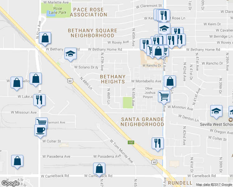 map of restaurants, bars, coffee shops, grocery stores, and more near 5607 North 46th Drive in Glendale