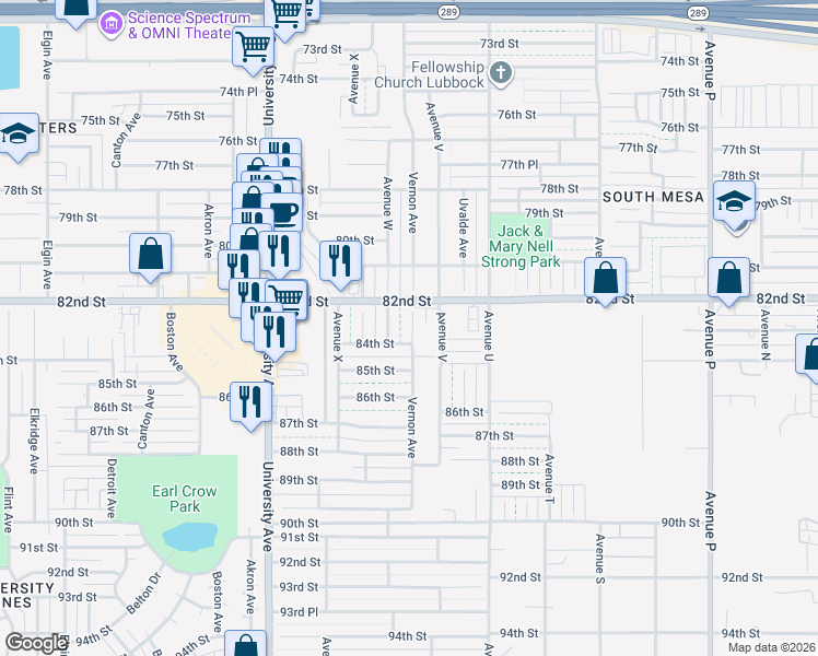 map of restaurants, bars, coffee shops, grocery stores, and more near 8208 Vernon Avenue in Lubbock