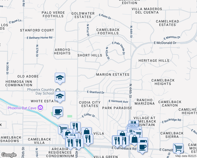 map of restaurants, bars, coffee shops, grocery stores, and more near 4140 East Saint Joseph Way in Phoenix