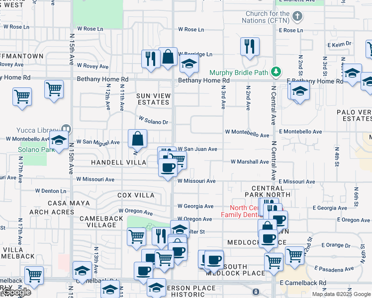 map of restaurants, bars, coffee shops, grocery stores, and more near 528 West San Juan Avenue in Phoenix