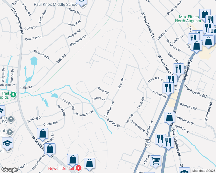 map of restaurants, bars, coffee shops, grocery stores, and more near 2029 Wren Road in North Augusta