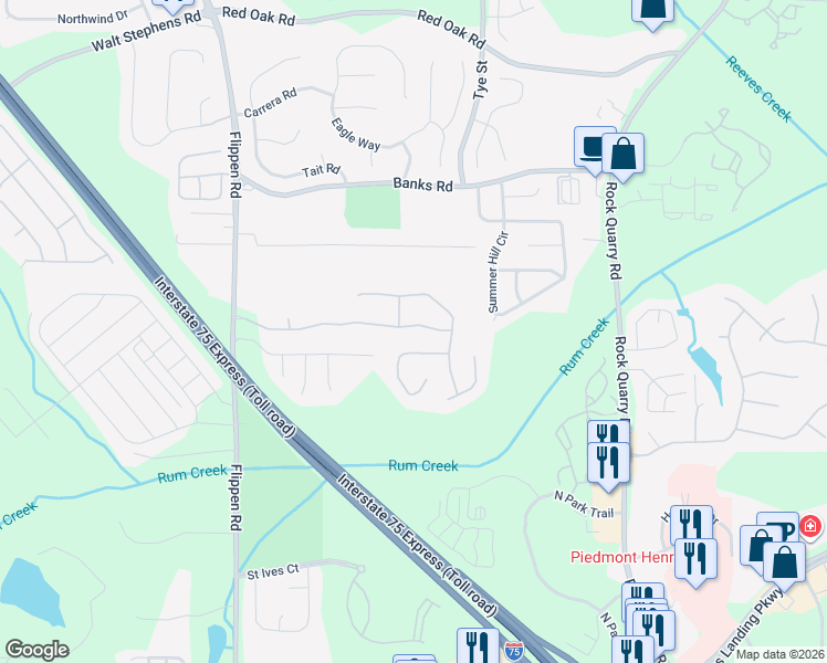 map of restaurants, bars, coffee shops, grocery stores, and more near 414 Avian Forest Drive in Stockbridge