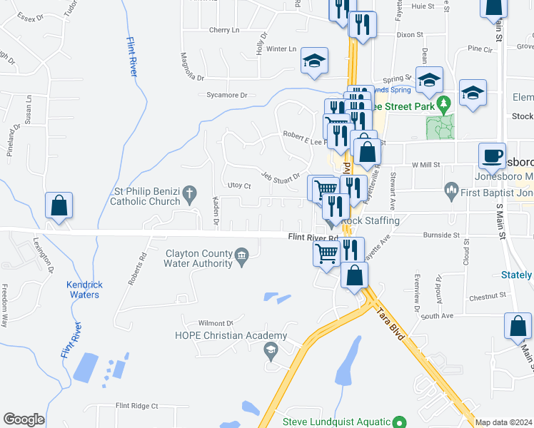 map of restaurants, bars, coffee shops, grocery stores, and more near 17 Flint River Road in Jonesboro