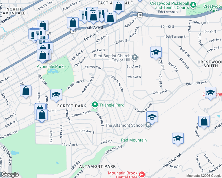 map of restaurants, bars, coffee shops, grocery stores, and more near 733 Linwood Road in Birmingham