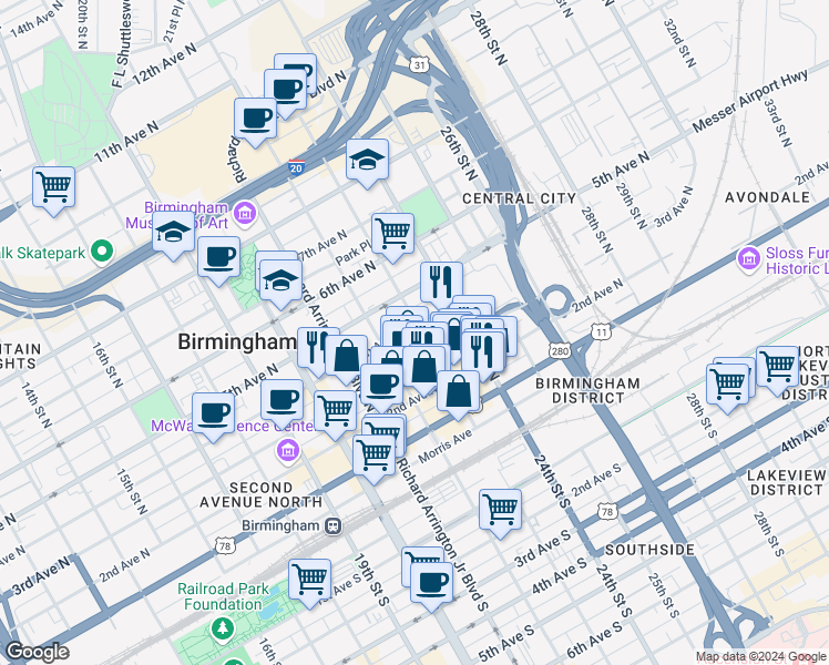 map of restaurants, bars, coffee shops, grocery stores, and more near 2233 4th Avenue North in Birmingham