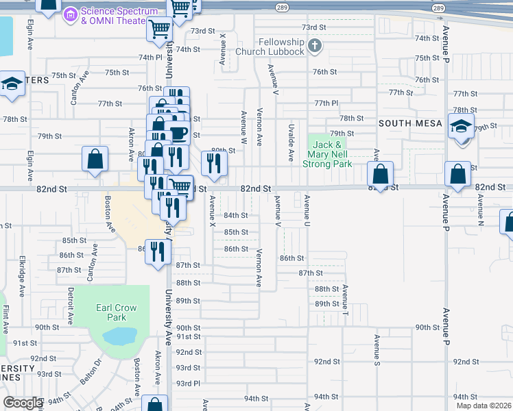 map of restaurants, bars, coffee shops, grocery stores, and more near 8208 Vernon Avenue in Lubbock