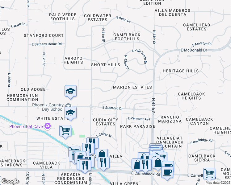 map of restaurants, bars, coffee shops, grocery stores, and more near 4140 East Saint Joseph Way in Phoenix