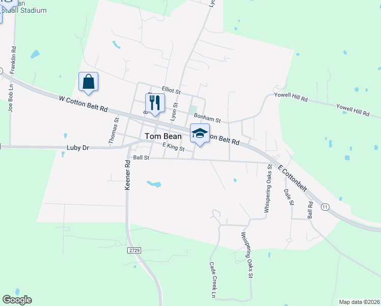 map of restaurants, bars, coffee shops, grocery stores, and more near 310 West King Street in Tom Bean