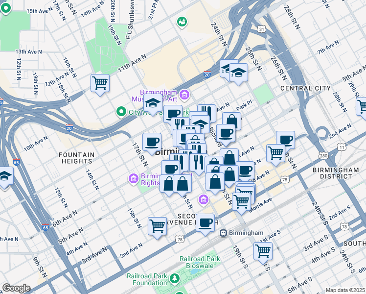 map of restaurants, bars, coffee shops, grocery stores, and more near in Birmingham