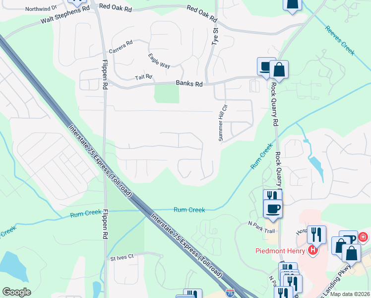 map of restaurants, bars, coffee shops, grocery stores, and more near 414 Avian Forest Drive in Stockbridge