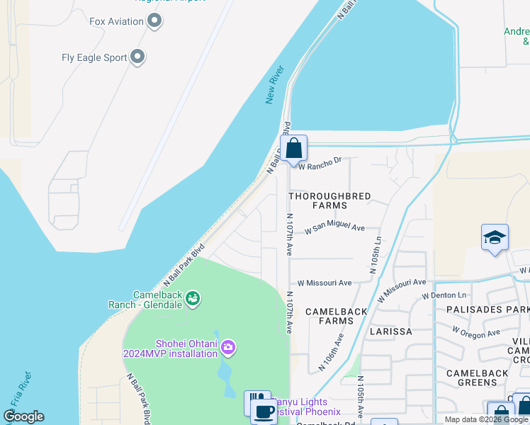 map of restaurants, bars, coffee shops, grocery stores, and more near 5725 North 108th Avenue in Phoenix