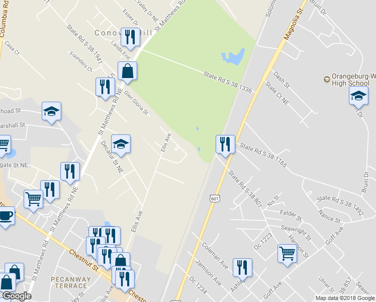 map of restaurants, bars, coffee shops, grocery stores, and more near 975 Graham Street in Orangeburg
