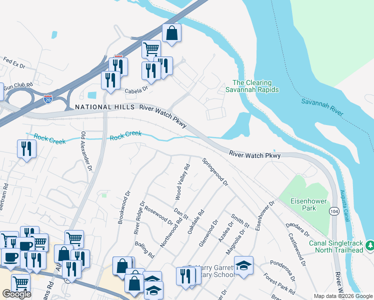 map of restaurants, bars, coffee shops, grocery stores, and more near 2719 Springwood Drive in Augusta