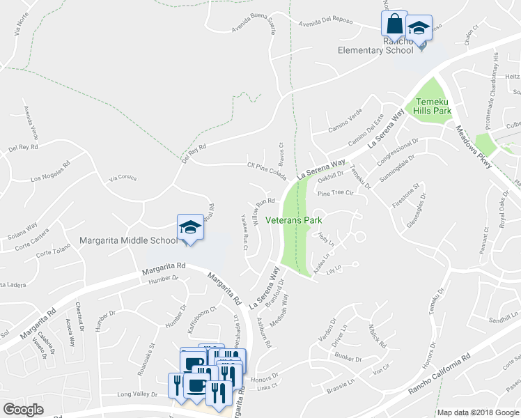 map of restaurants, bars, coffee shops, grocery stores, and more near 41440 Willow Run Road in Temecula