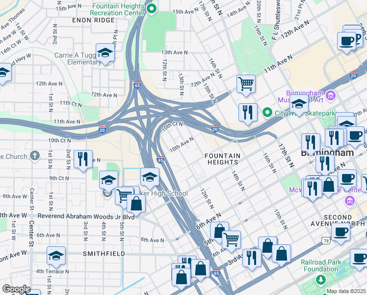 map of restaurants, bars, coffee shops, grocery stores, and more near 931 12th Street North in Birmingham