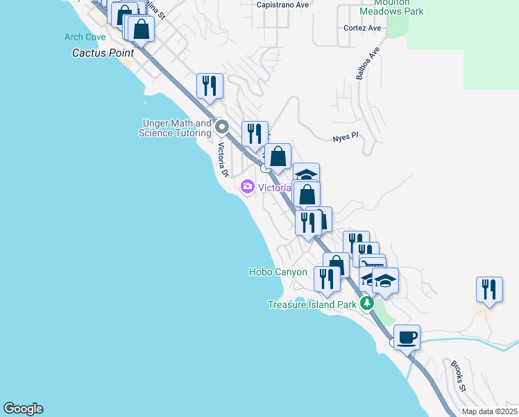 map of restaurants, bars, coffee shops, grocery stores, and more near 14 Lagunita Drive in Laguna Beach