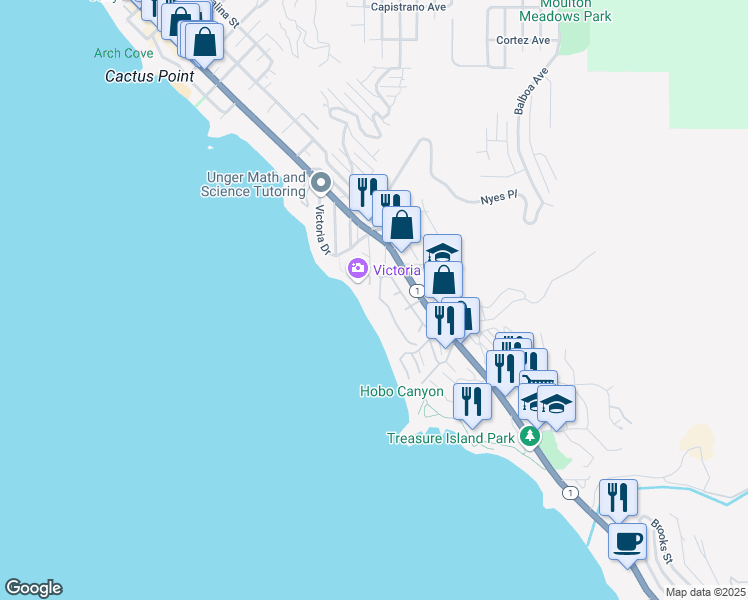 map of restaurants, bars, coffee shops, grocery stores, and more near 14 Lagunita Drive in Laguna Beach
