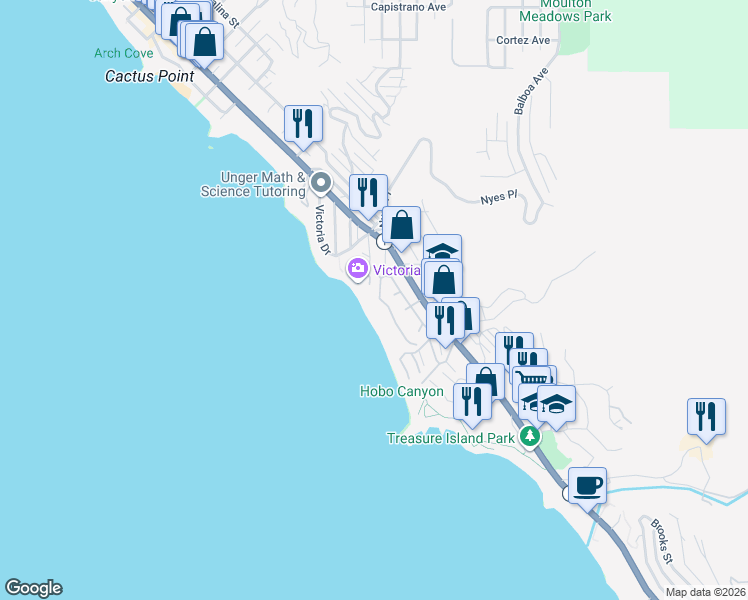 map of restaurants, bars, coffee shops, grocery stores, and more near 14 Lagunita Drive in Laguna Beach