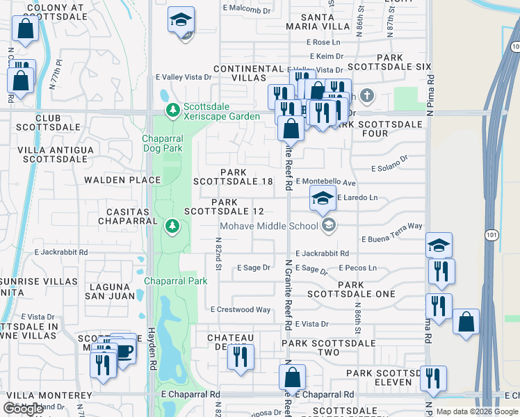map of restaurants, bars, coffee shops, grocery stores, and more near 8320 East Valley View Road in Scottsdale