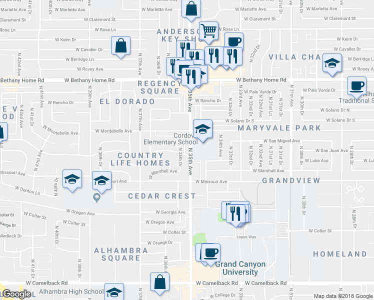 map of restaurants, bars, coffee shops, grocery stores, and more near 5622 North 35th Avenue in Phoenix