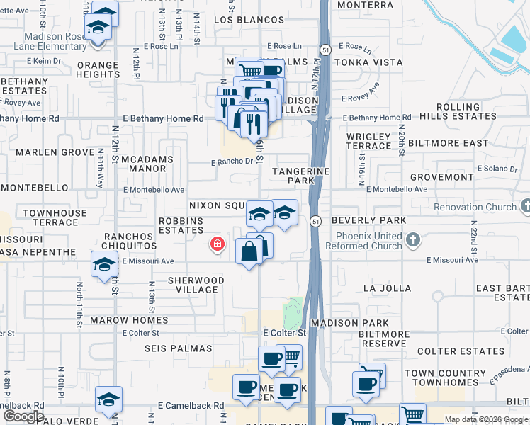 map of restaurants, bars, coffee shops, grocery stores, and more near 5627 North 16th Street in Phoenix
