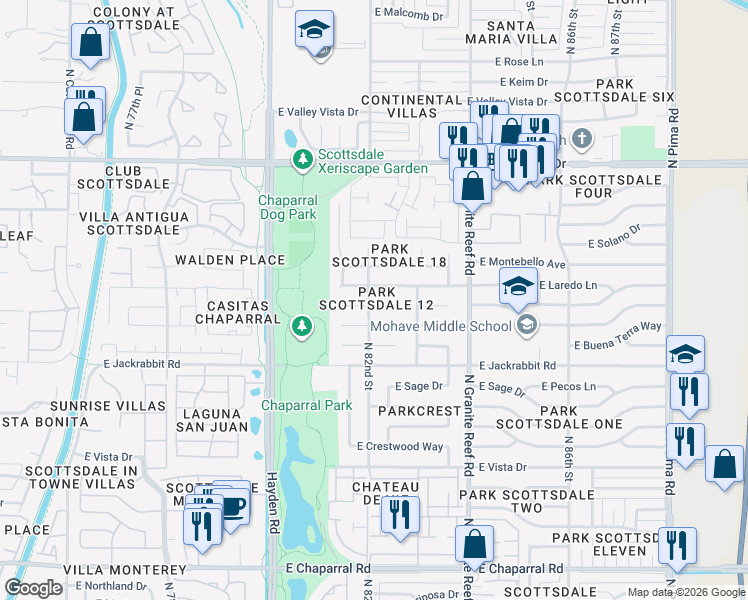 map of restaurants, bars, coffee shops, grocery stores, and more near 8202 East Valley View Road in Scottsdale