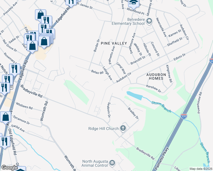 map of restaurants, bars, coffee shops, grocery stores, and more near 809 Audubon Circle in North Augusta