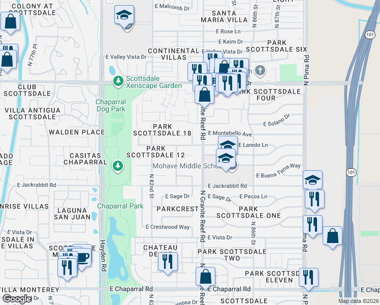 map of restaurants, bars, coffee shops, grocery stores, and more near 8320 East Valley View Road in Scottsdale