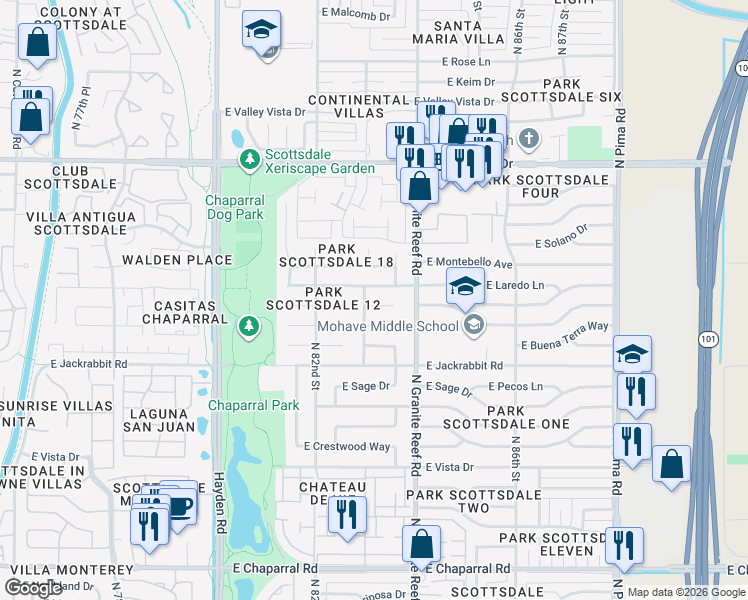map of restaurants, bars, coffee shops, grocery stores, and more near 8320 East Valley View Road in Scottsdale