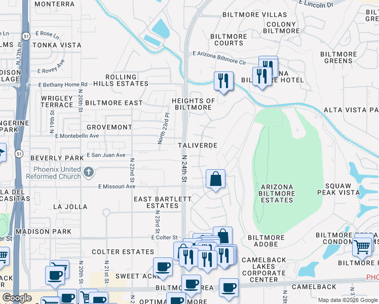 map of restaurants, bars, coffee shops, grocery stores, and more near 2422 East San Juan Avenue in Phoenix