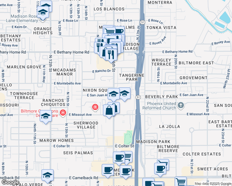 map of restaurants, bars, coffee shops, grocery stores, and more near 5627 North 16th Street in Phoenix