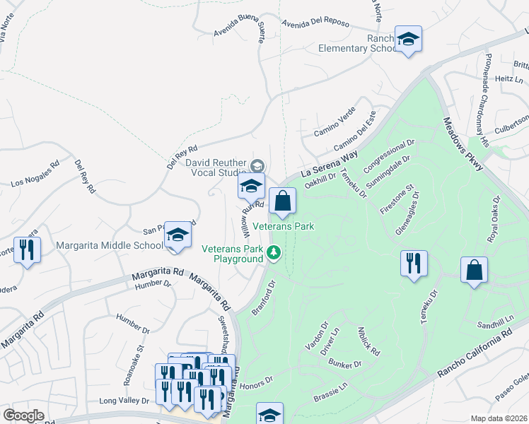 map of restaurants, bars, coffee shops, grocery stores, and more near 30975 La Serena Way in Temecula