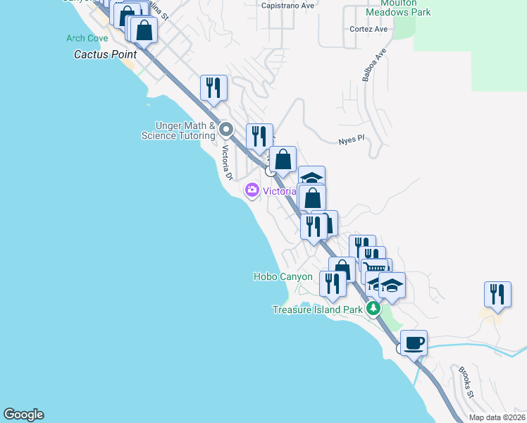map of restaurants, bars, coffee shops, grocery stores, and more near 14 Lagunita Drive in Laguna Beach