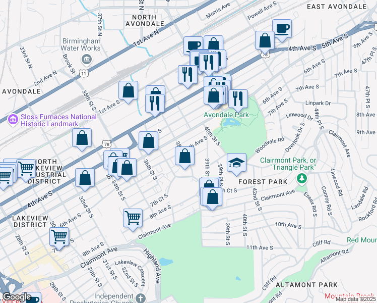 map of restaurants, bars, coffee shops, grocery stores, and more near 2738 6th Avenue South in Birmingham