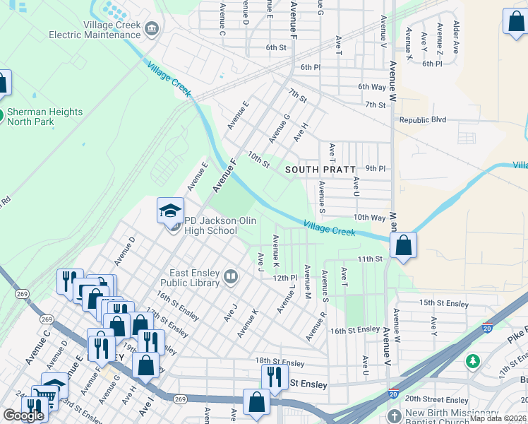 map of restaurants, bars, coffee shops, grocery stores, and more near 1100 Avenue J in Birmingham
