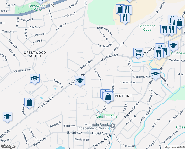 map of restaurants, bars, coffee shops, grocery stores, and more near 660 Merrimont Circle in Birmingham